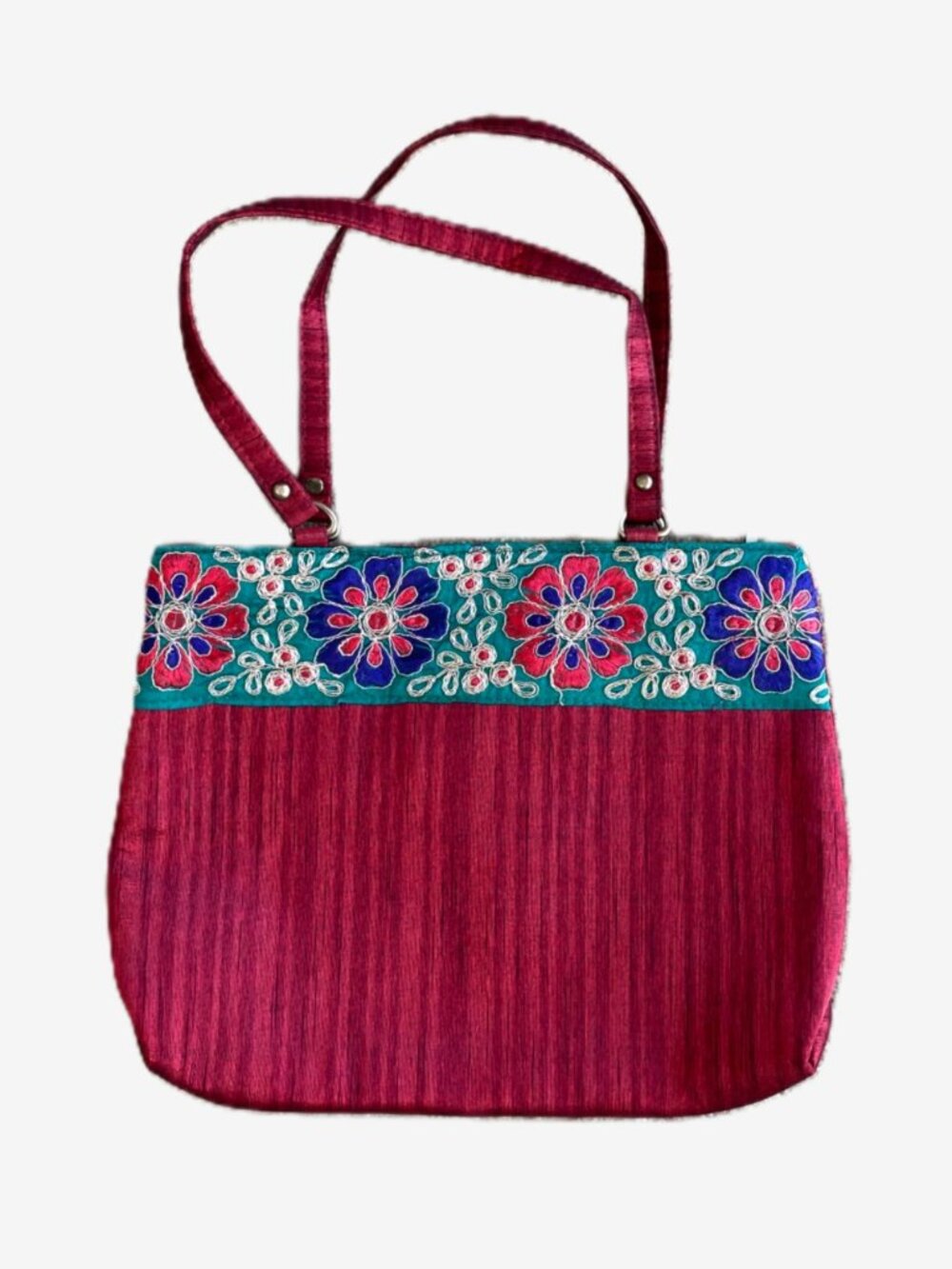 Bag Berry Maroon Embroidered Floral Tote — 10.5" x 13"